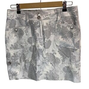 White House Black Market 100% Silk Floral Utility Mini Skirt Grey White Size 4